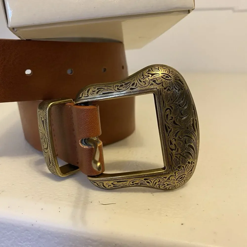 Faux Leather Belt 49”Brown Gold Tone Engraved Buckle Y2K Steampunk